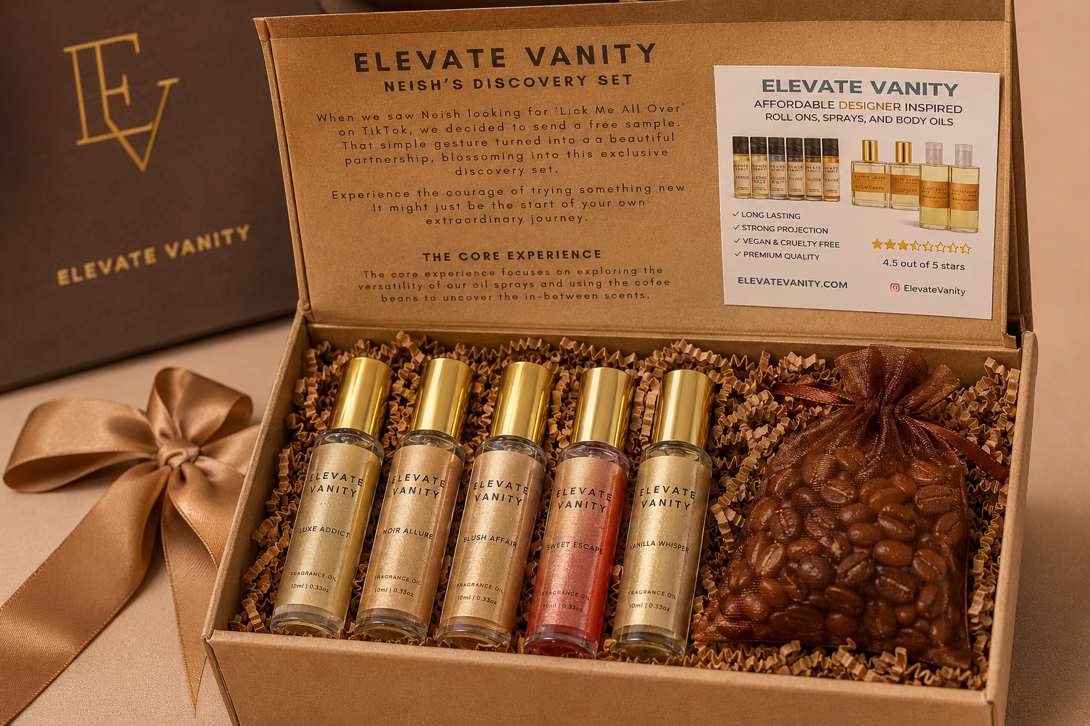 Neish's Discovery Set open box with five fragrance oil rollers and coffee beans